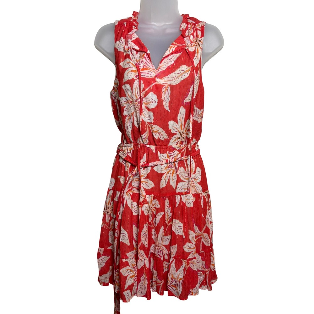 Fifteen Twenty Red Floral Ruffle Tie Waist Tiered Sleeveless Mini Dress Womens S